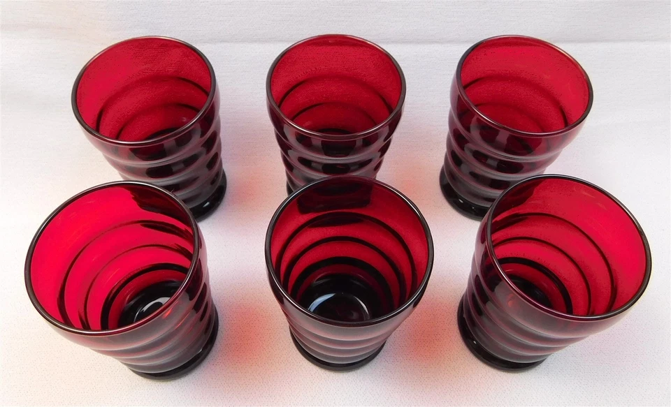 Vintage Set of 6 Anchor Hocking Whirly Twirly Ruby Red Glass Tumblers 4 1/8 Tall - Image 2 of 4