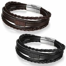 Men Women 8" Leather Handmade Braided Bracelet Magnetic Buckle Bangle Wristband
