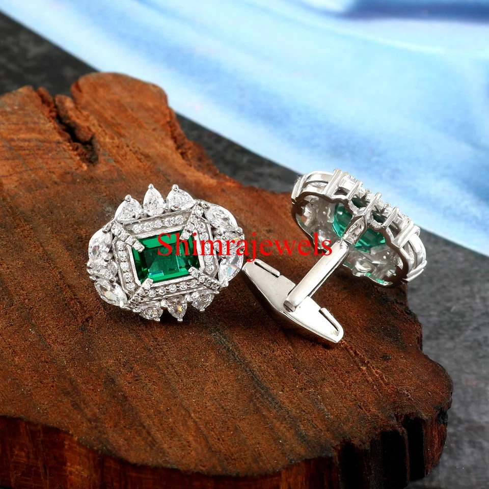 Pedra preciosa esmeralda cultivada em laboratório com abotoaduras de prata folheadas a ouro branco #1059 - Imagem 2 de 4