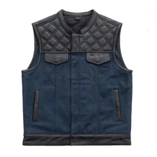Men's Black Premium Leather and Blue Denim Motorcycle Vest with Gun Pocket Bike