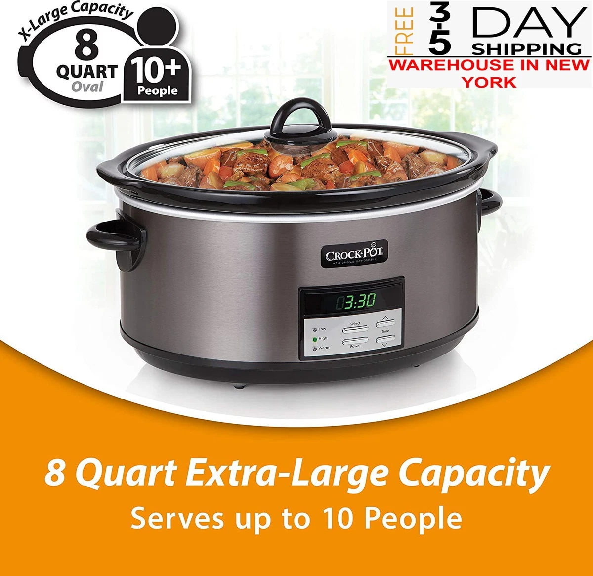 Crockpot 8 Quart Slow Cooker with Auto Warm Setting and Cookbook, Black Stainles