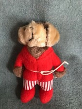 Vintage Small Plush Tan  Brown Puppy Dog in Red Housecoat Cute  Funny Stuffed