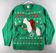 Dr. Seuss Men's Christmas Sweater Size M Green The Grinch In Santa Hat Pullover