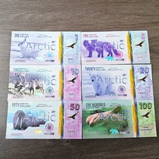 Arctic 1 5 10 20 50 100 Dollars Fantasy Banknotes Set 6pcs Wildlife Souvenir