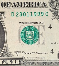 2017 A $1 bill fancy serial, birthday date note. January 23, 1999. D 23011999 C 2017 A $1 bill fancy serial, birthday date note. January 23, 1999. D 23011999 C