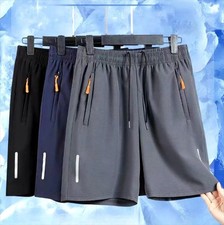 Men Ice Silk Shorts Quick Dry Summer Beach Gym Sport Zipper Pocket