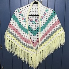Vintage Colorful Crochet Shawl with Fringe Trim Boho Hippie Festival Romani