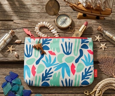 Ipsy August 2024 Glam Bag Abstract Blue Leaf Print Canvas Makeup Pouch Retro
