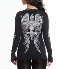Affliction Women's Long Sleeve Henley Shirt Simulation