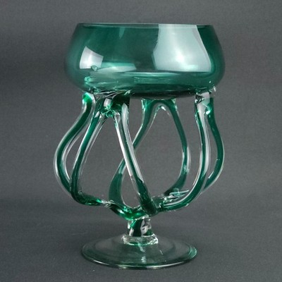 Vintage Jozefina Krosno Art Glass Octopus Pedestal Bowl 5.75'' Green Poland