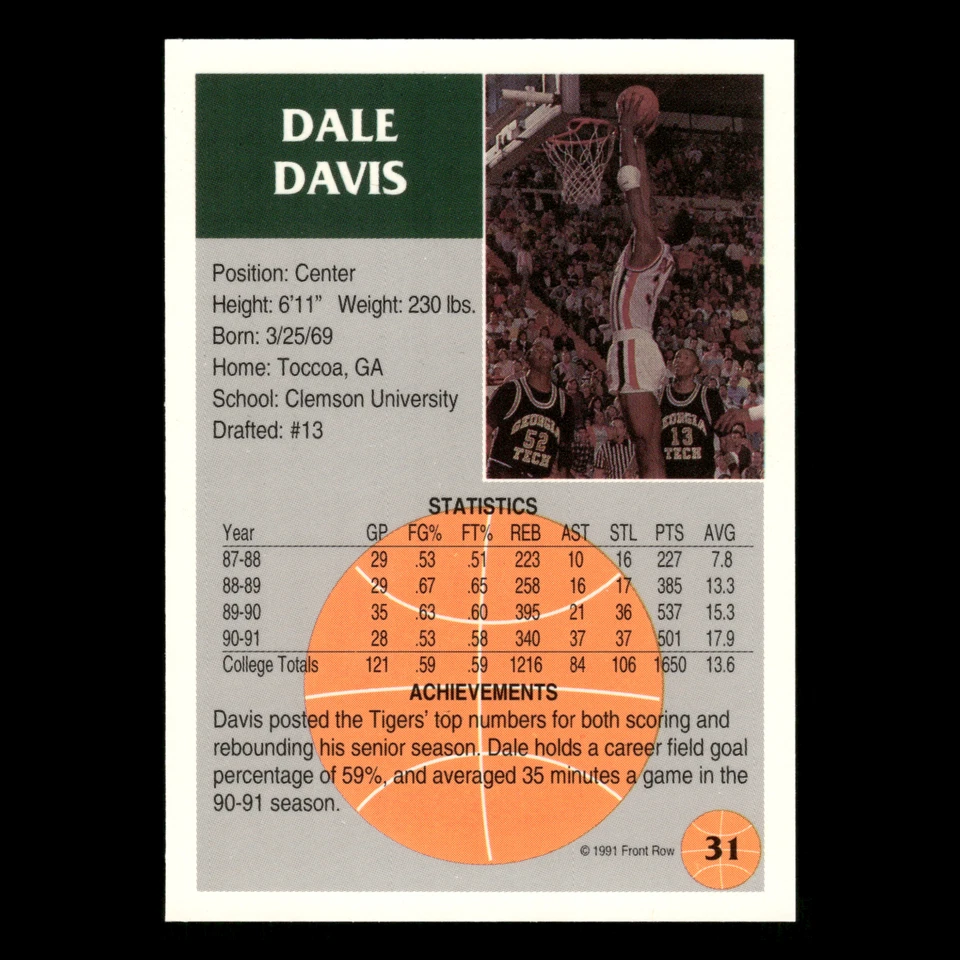 Dale Davis #31 1991-92 Front Row Clemson Tigers Basketball Card NBA - Image 2 of 3