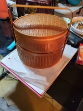 Shanghai Handicrafts Vintage Chinese Bamboo Basket Light Wood Tone Two-Tier
