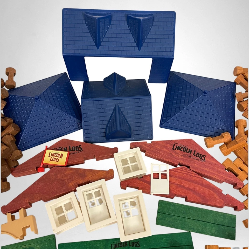 Large Lot of Assorted Lincoln Logs Over 7.5 lbs Fort Redwood Roofs Windows Doors - Image 3 of 4
