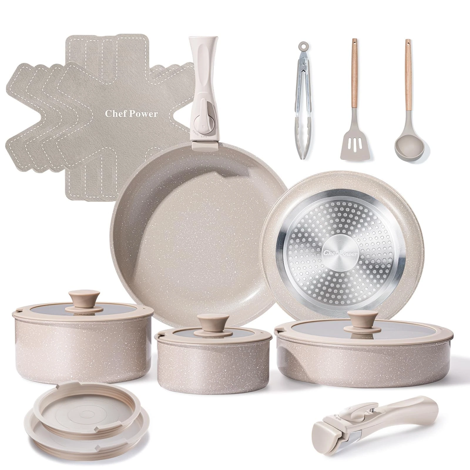Chef Power Ceramic Nonstick Pots and Pans Set 19 19 Pcs Set, Mocca Taupe