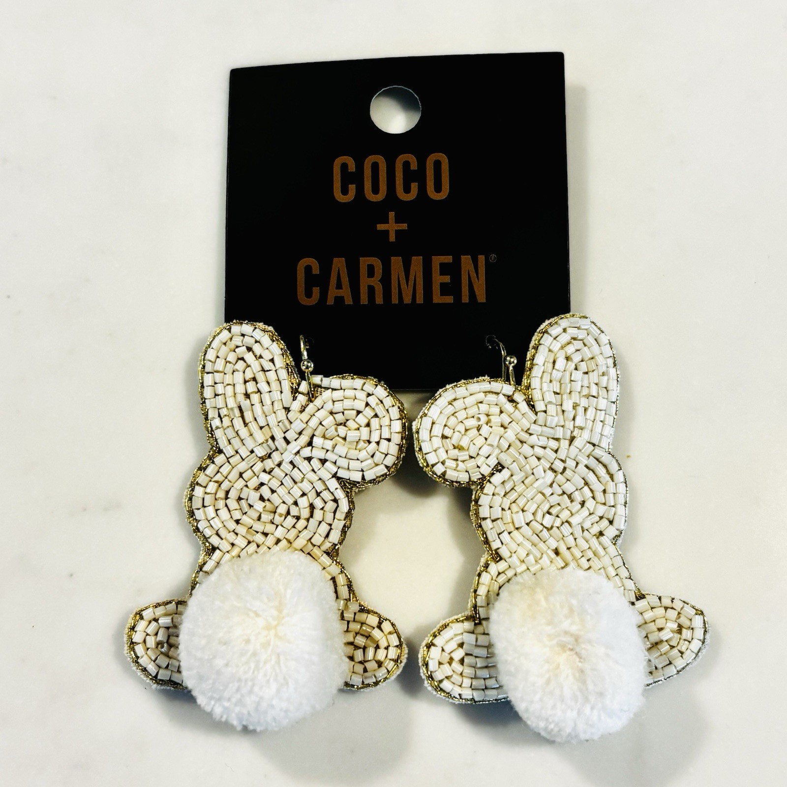 Easter Rabbit Bunny White Dangle Seed Bead Cotton Tail Earrings