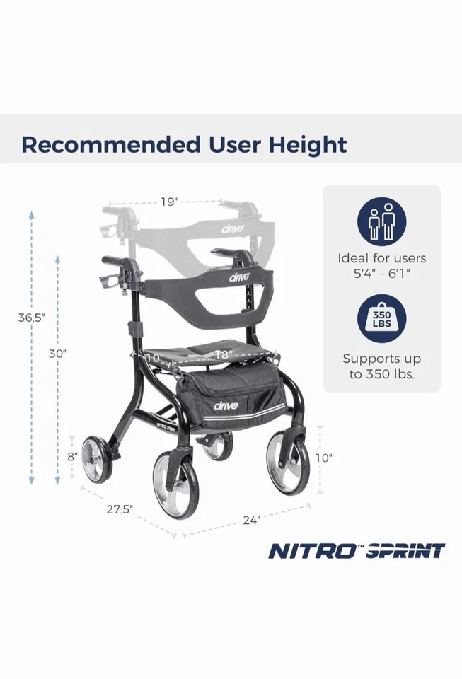 Drive Medical Nitro Sprint Hemi Rollator Walker Heavy Duty w/Seat Petite Red - Image 2 of 4