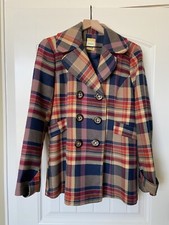 Fossil Vintage Style Plaid Wool Blend Peacoat , Size L, Orange, Blue, Red