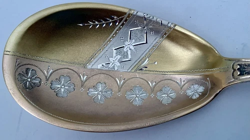 AESTHETIC STERLING WOOD & HUGHES PARCEL GILT 2 COLOR GOLD BRITE CUT BERRY SPOON