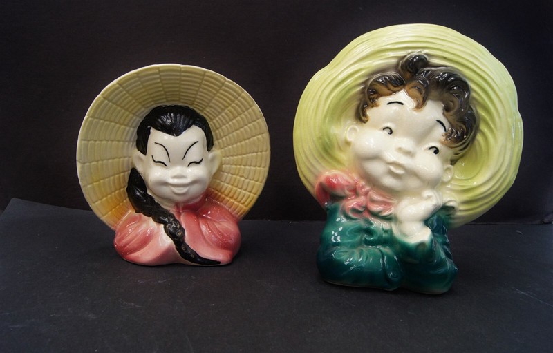 Pair Of Royal Copley Figurine Wall Pocket Planters/ Vases 8"