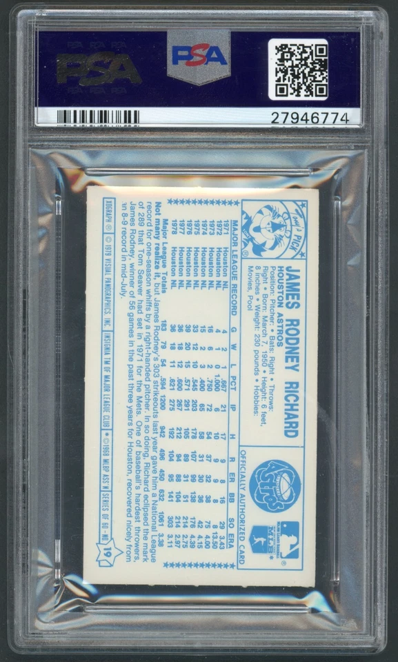 1979 Kellogg's J.R. Richard Houston Astros #19 PSA 10 GEM MINT Stats Begin 1971 - Image 2 of 2
