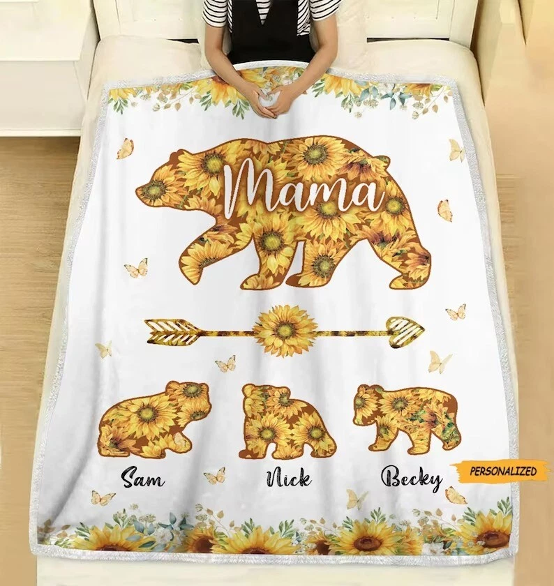 Mama Bear Sunflower Personalized Blanket Best Gift For Mother