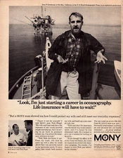 MONY Mutual Life Insurance Oceanographer Man Boat Del Mar Vintage Print Ad 1968
