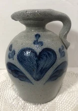 Rowe Pottery Works Salt Glazed Stoneware 5.75" JUG PITCHER BLUE HEART 1989