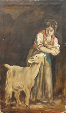 grande dipinto ad olio su tela contadina con capre agnelli capretti bucolico