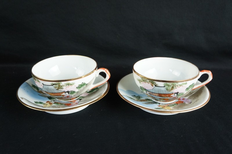 Antique Geysha Hand painted Tea Cup & Saucer 2 Sets see thru  [Y8-W7-A9]