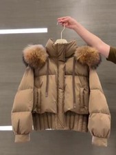 Piumino donna invernale nuovo marrone anatra vera pelliccia cappuccio cotone giacca cappotto corto 