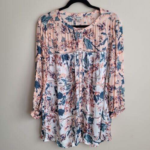 Lucky Brand Womens Blouse Plus Size 1X Peach White Floral Boho Sheer Cut Outs
