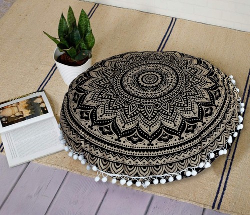 22" Round Floor Cushion Cover Cotton Pillowcase Flower Mandala Boho Cushion case - 第 18/94 張圖片