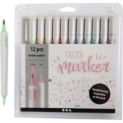 Creativ Company Sketch Marker, Strichstärke 1+2-5 mm, Pastellfarben, 12 Stk