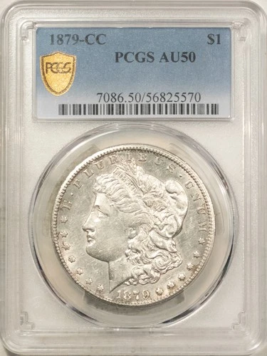 1879-CC $1 MORGAN DOLLAR - PCGS AU-50, WHITE & FLASHY! CARSON CITY!
