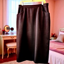 Vintage 80s Brown Wool Blend Pencil Midi Skirt Pockets Inverted Back Pleat Sz 10