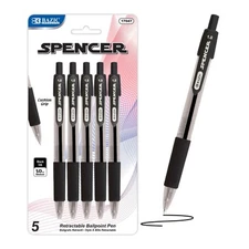 BAZIC Spencer Black Retractable Pen w/ Cushion Grip (5/Pack)