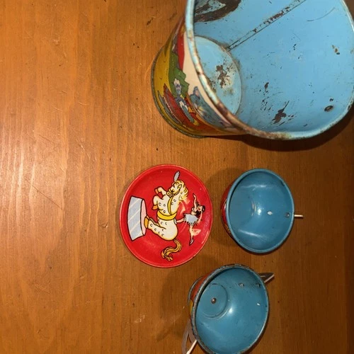 Vintage Ohio Art Tin Metal Litho Children's Tea Set ~ Kitten, Girl, Monkey VG FS