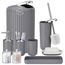 9PCS Gray Bathroom Accessories Set Complete with Trash Can, Vanity Tray, Soap...