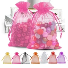 50 Pack Pink Organza Bags 4 x 6 inch, Premium Sheer Drawstring Organza Bags f...