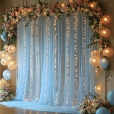 10x10FT Blue Wrinkle Free Backdrop Curtains with Lights String for Parties - ...