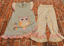 Rare Editions Girls Owl Tunic Leggings Set Size 6X Floral Ruffle Pants Grey Pink