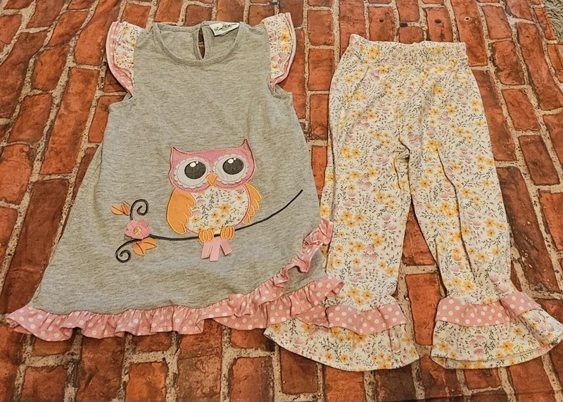 Rare Editions Girls Owl Tunic Leggings Set Size 6X Floral Ruffle Pants Grey Pink