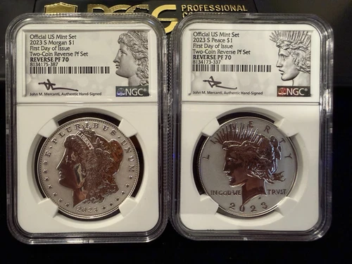 2023 S PEACE & MORGAN DOLLAR 2-COIN SET-NGC REVERSE PROOF PF70 SIGNED MERCANTI