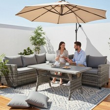 Patio Rattan Furniture Set 5 Seater L-Shaped Corner Sofa Dining Table Set Grey 