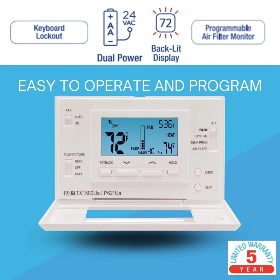 Lux Pro P621U-010 Programmable 5-1-1 Day Thermostat, 2 Heat, 1 Cool - Image 2 of 4