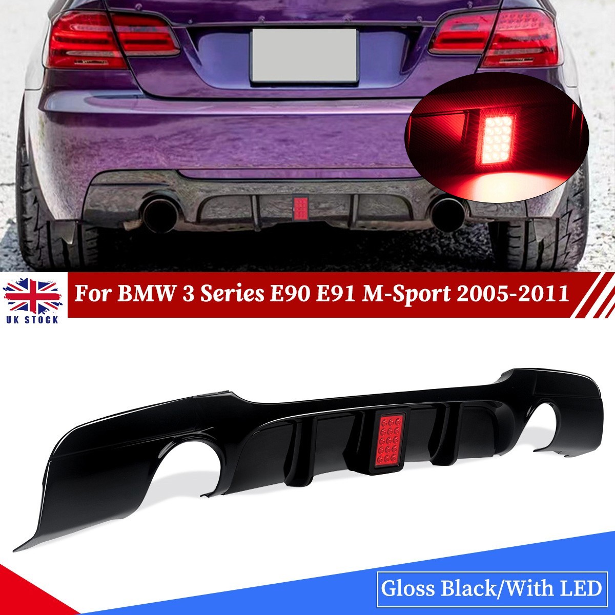 For BMW 3 Series E90 E91 M Sport With LED Rear Diffuser Splitter Valance 2005-12