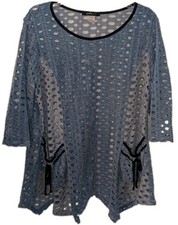 Yushi Womens Large Blue Cutout Tunic Top Made in USA Artsy Lagenlook 3/4 Sleeve