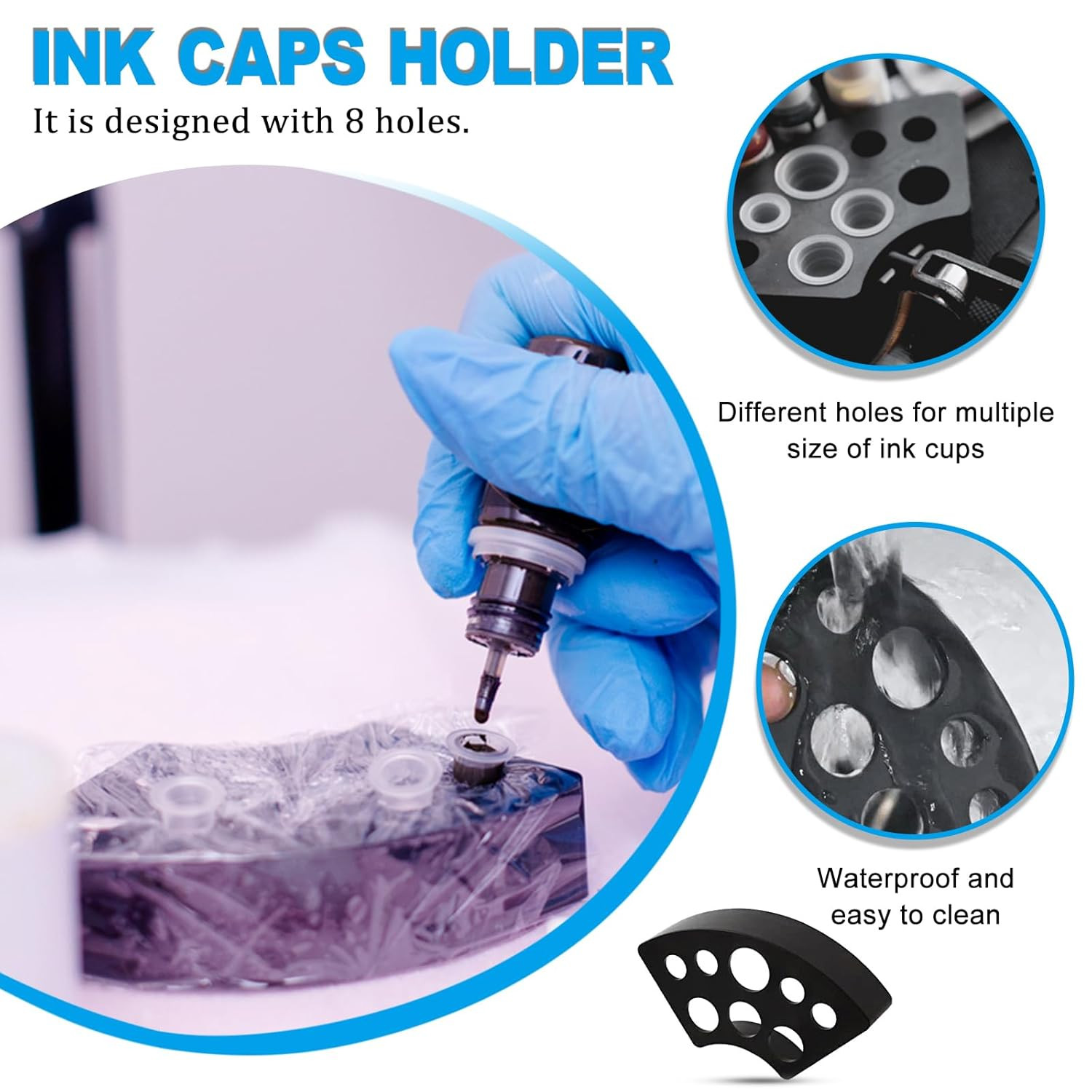 303-Pc Tattoo Ink Caps Kit with 3 Black Holders — 100 Small, 100 Medium, 100 Lar