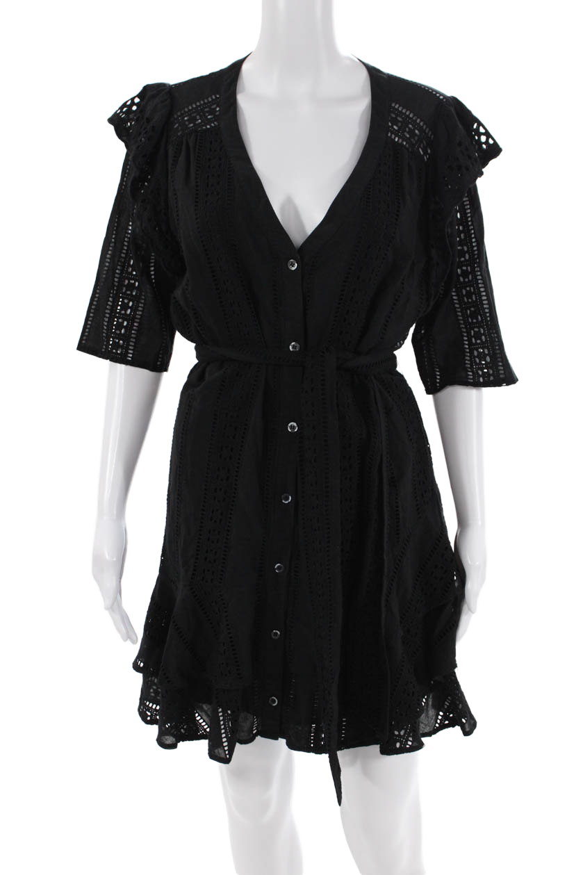 Veronica Beard Womens Cotton Textured V-Neck Buttoned Belted Dress Black Size 12