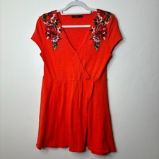 Zara Knit Dress Small Orange Floral Embroidered Faux Wrap Fit & Flare V-Neck